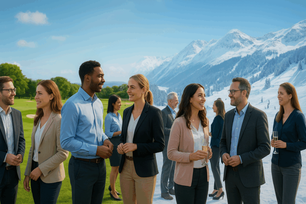 Vinter og sommer landskab i baggrunden, forretningsfolk i forgrundern i forskellige senarier somkunne udtage sig på et event