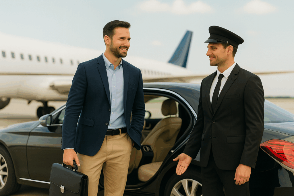 Fly i baggrunden, forretningsmand forlader flyet og bliver opsamlet af en luksuriøs sort bil og chauffør