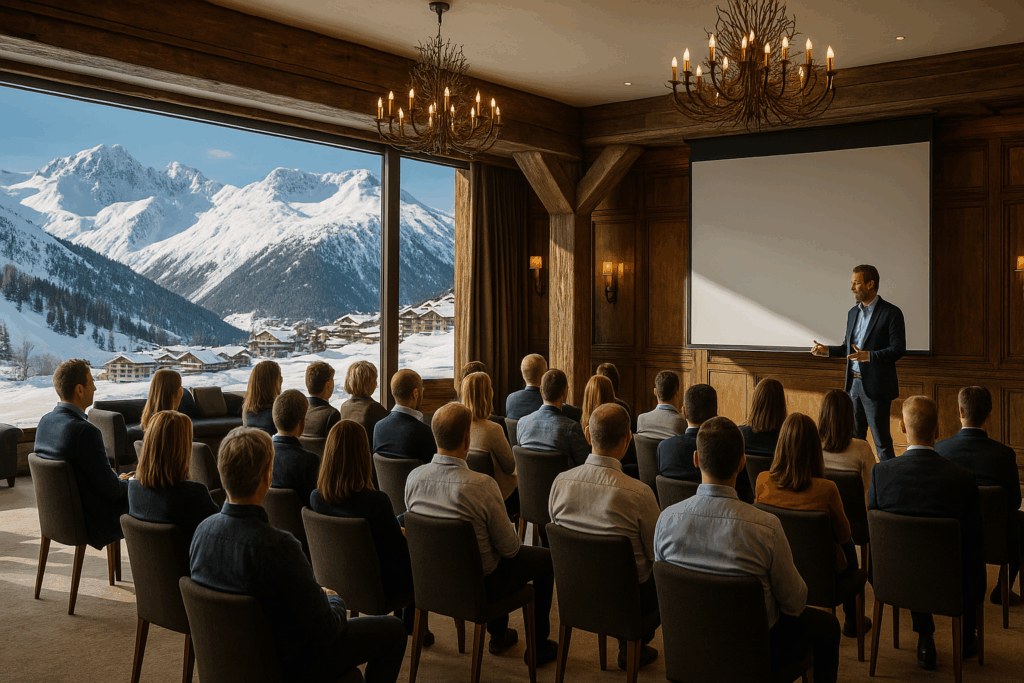 Konference lokale på hotel i de franske alper, her ses en vindues væg til venstre i billedet med smuk bjergudsigt, i rummer bygget i træpæle og elegante detaljer, er rummer fyldt med mennesker. og foredrgasholder