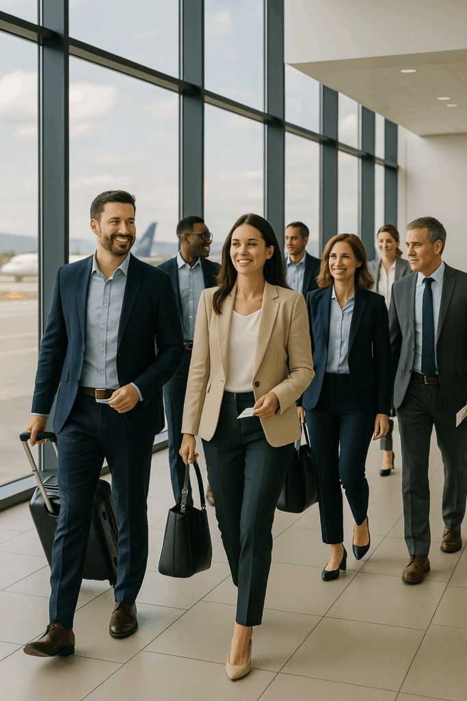 En gruppe rejsende der kommer gående i det der ligner en lufthavnsterminal, en koridor med udsigt over flypladsen på de ene side