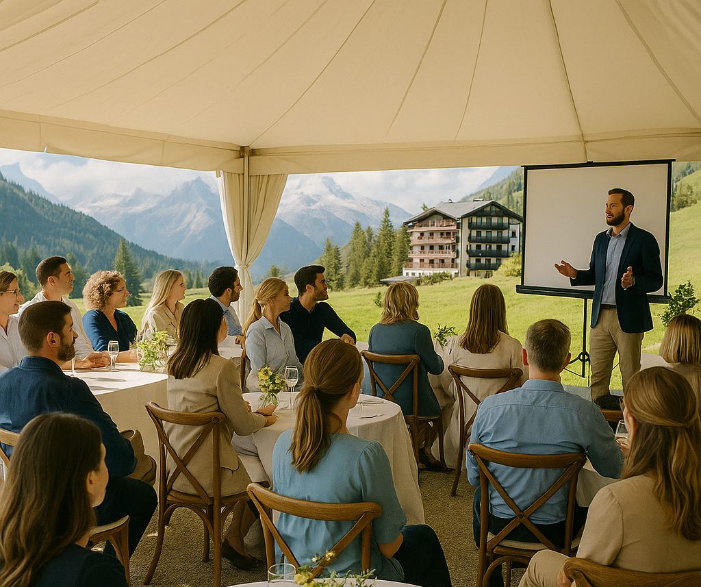 Event i naturen, der opstillet telt, borde er pænt dækket op, kollegaer/ gæster er samlet og foredrag er i gang. Der tager sted i alperne, på et eksklusivt hotel i baggrunden. hvor landskabet denne sommer dag har blå himmel over det vidstrakte bjerges rå natur