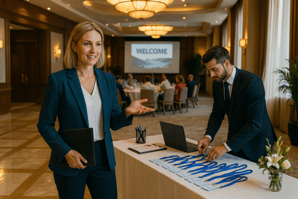 Kvindelig event manager/konferencier står ved bord mad navneskilte og invitere gæste ind. Baggrunden vises konference der står velkmmen på skærm.