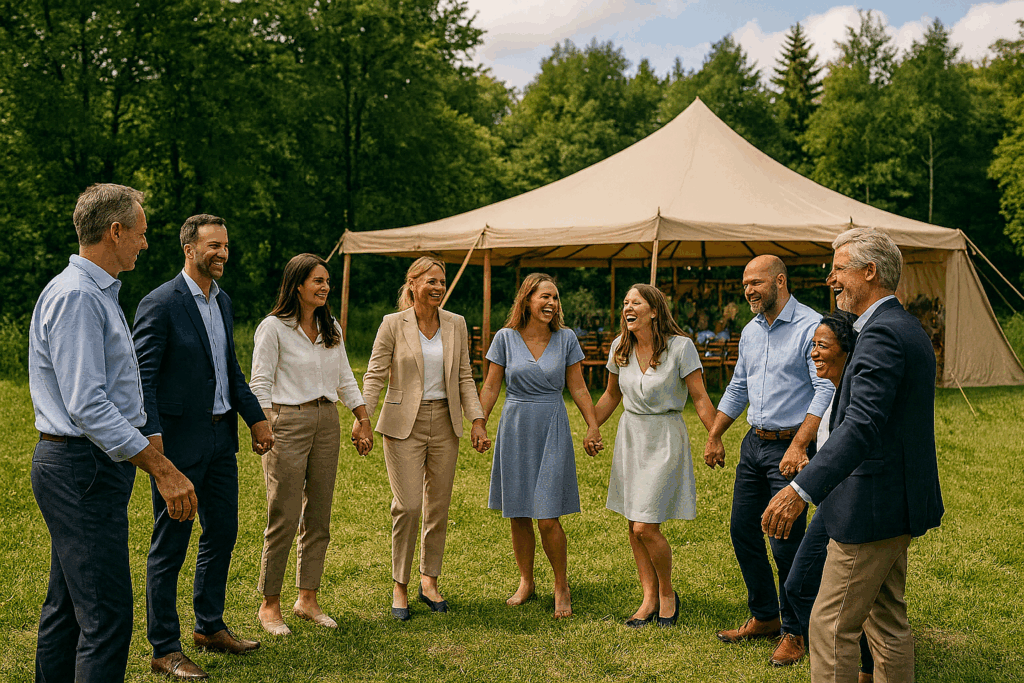 Kick-off event i naturen med mange deltagere i business casual tøj, teambuilding på grøn eng og stort hvidt eventtelt i baggrunden.