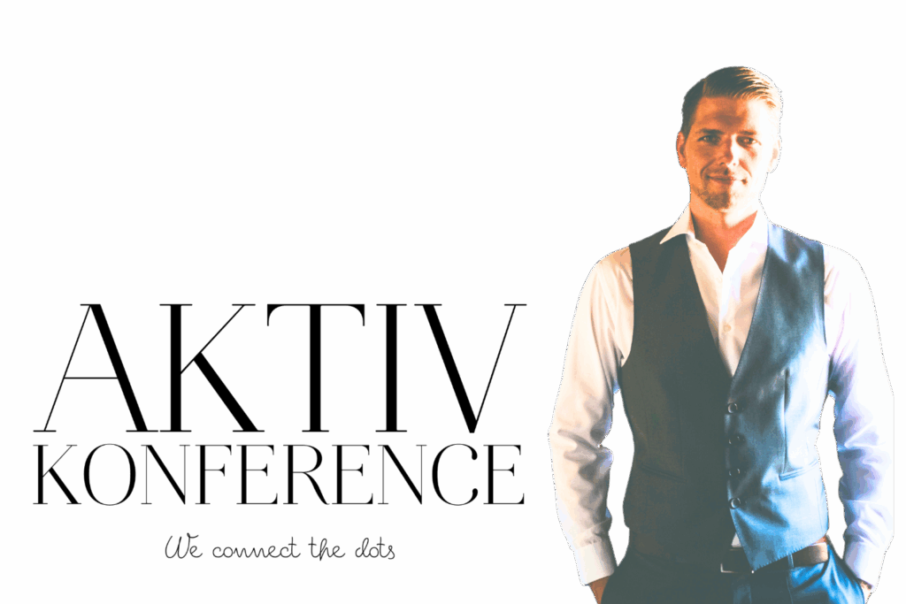 Logo med teksten Aktiv Konference med mand i jakkesæt stående foran.